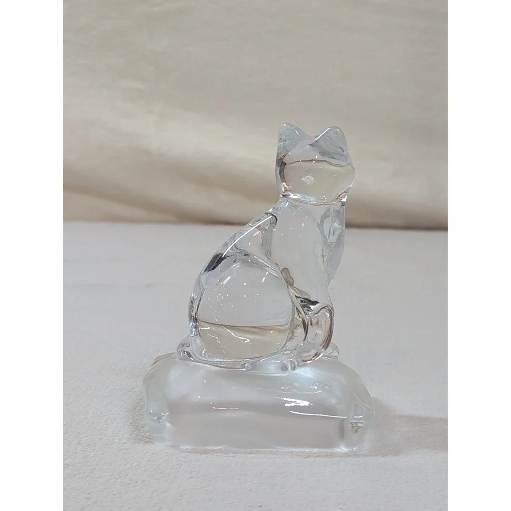 Vintage Clear Art Glass‎ Cat Figurine on Frosted Base Crystal Style Paperweight